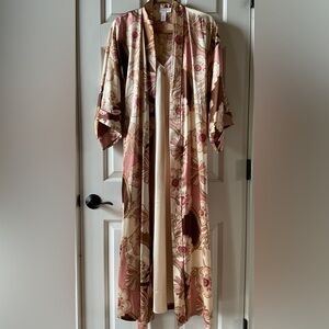 Oscar de la Renta Pink and Cream Floral Satin Long Gown w/Robe Size S/M